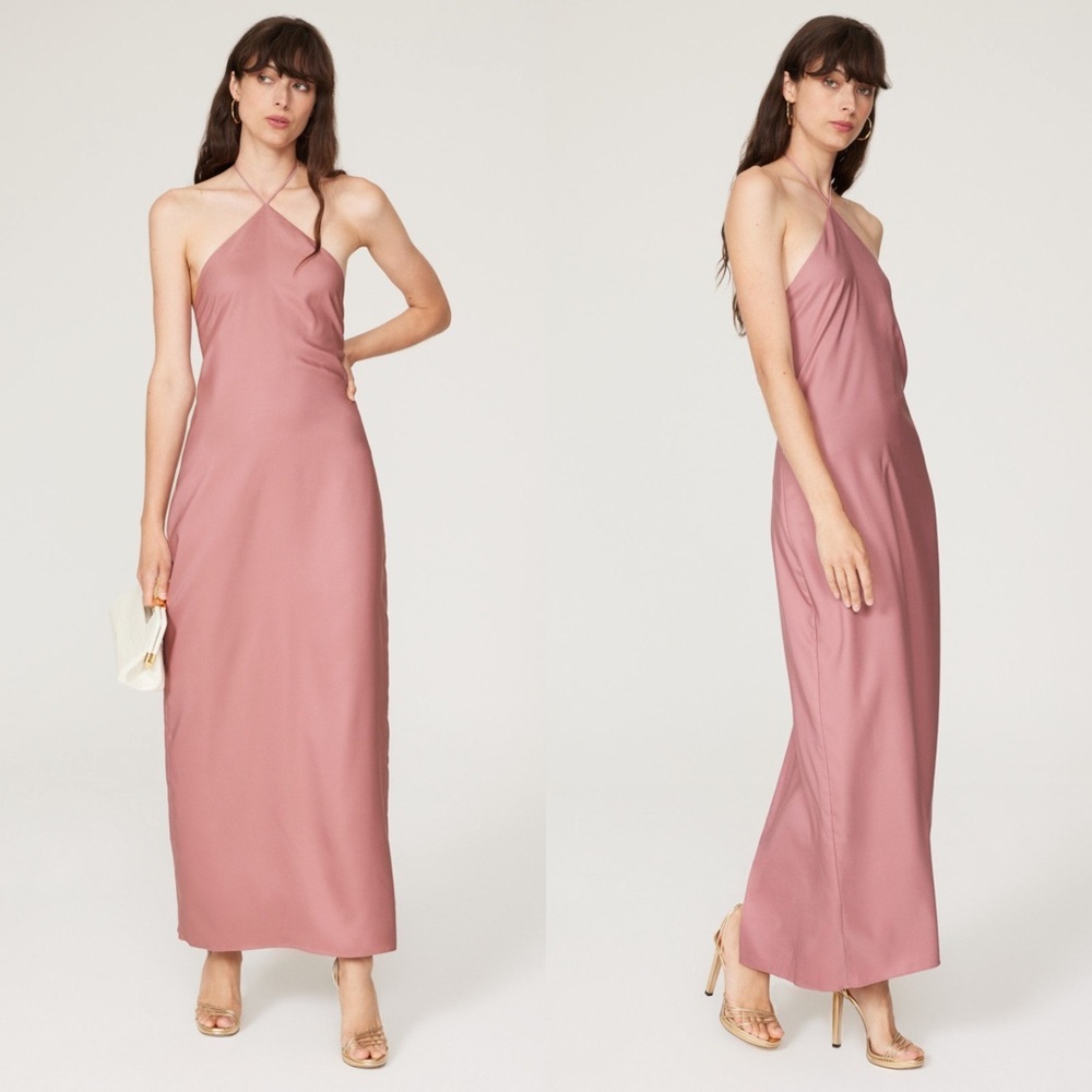 OBANDO 90s Rose‎ Satin Sleeveless Open Back Halter V-Neck Sheath Maxi Dress 2